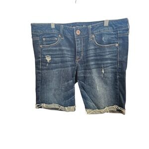 American Eagle Denim Midi Shorts Distressed Dark Wash Casual‎ Frayed Hem